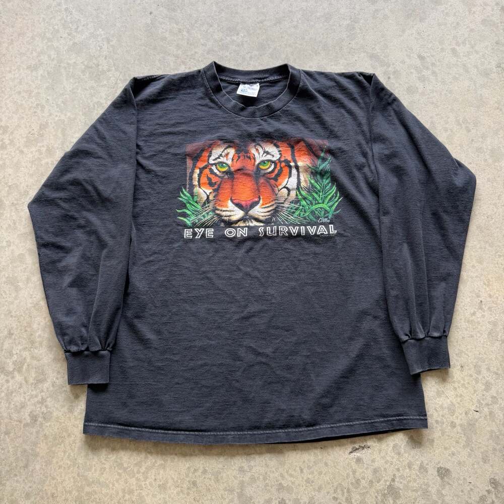 Vintage 1993 Human-i-Tees Eye On Survival Tiger Graphic Long Sleeve T-Shirt